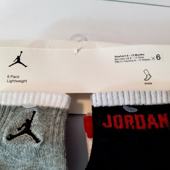 Jordan Baby 6 Pack Lightweight Ankle Socks~ Gray, White, Red & Black 6-12 Months - Picture 4 of 5
